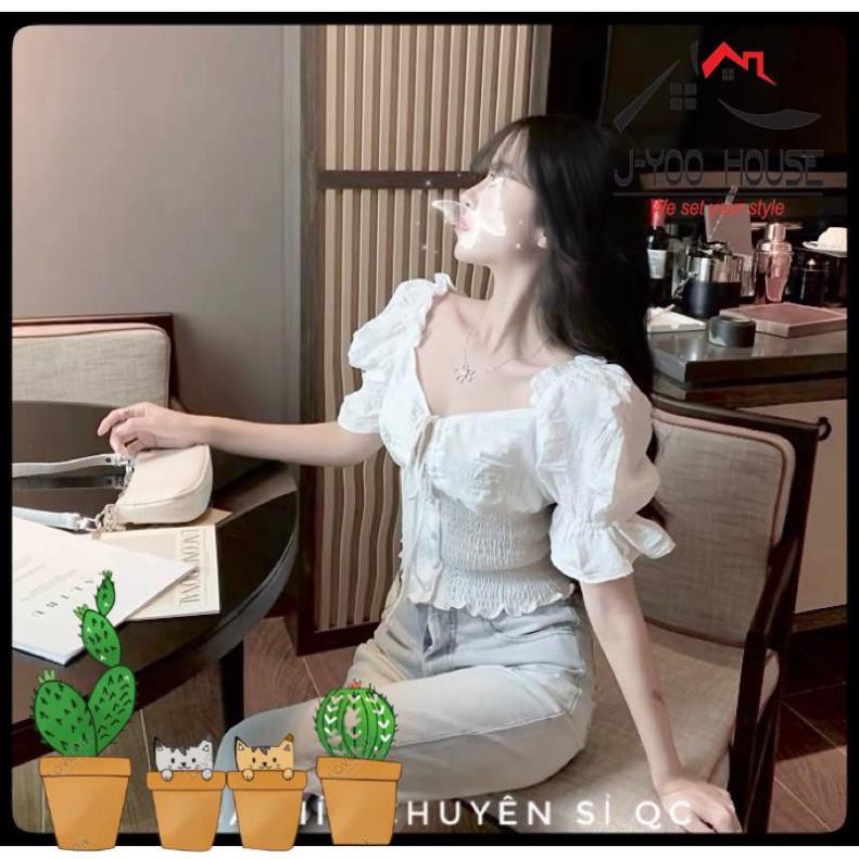 Áo kiểu ✅QUẢNG CHÂU✅Áo trắng nữ vai phồng kiểu Hàn bo chun nhún eo phong cách ulzzang, hàng sẵn Taobao