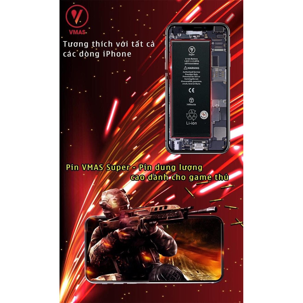 Pin dung lượng siêu cao IP6,6s,6p,6sp,7,7p,8,8p,X,pin chuyên dành cho Gamer,cao hơn pin zin 20%,hãng Vmas