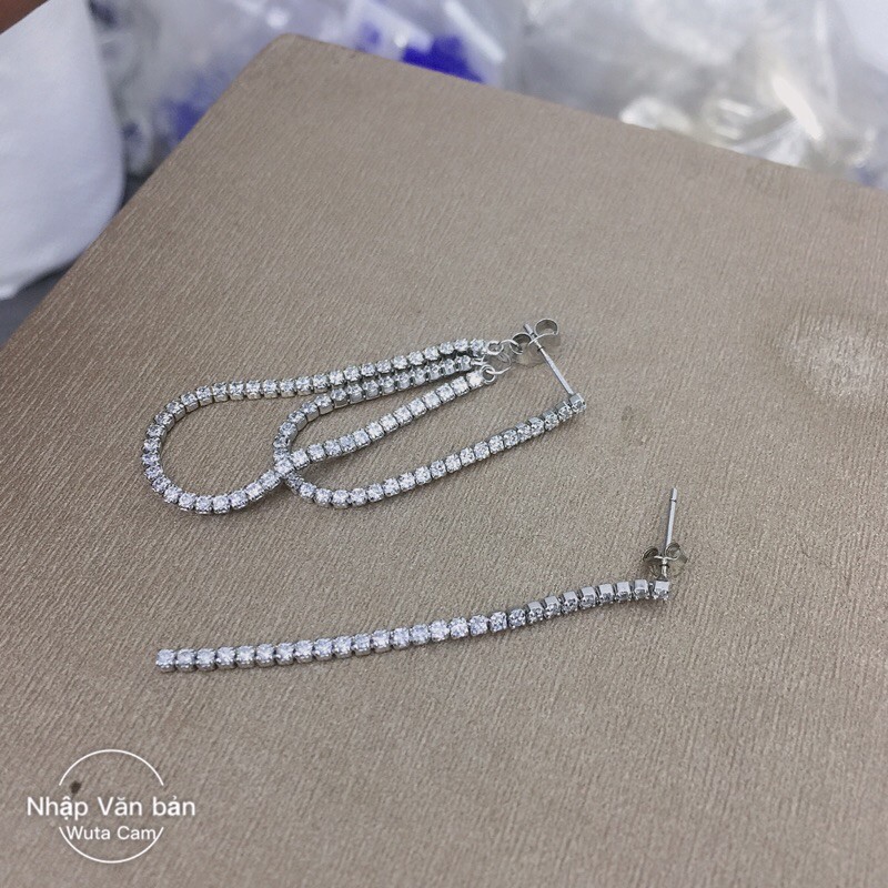 Khuyên tai dài full đá kiểu bất đối xứng bạc thật phủ vàng trắng cá tính