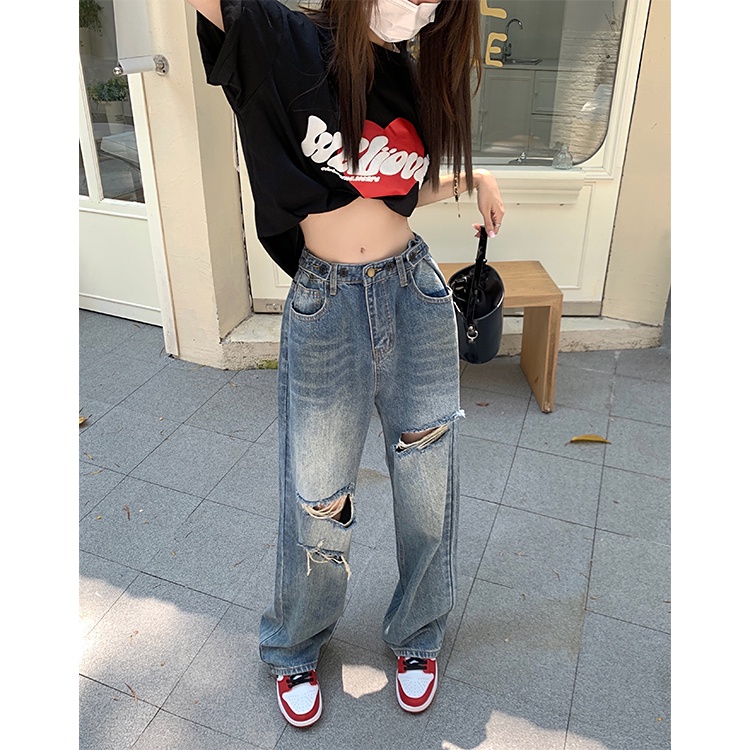 HUANG YOYO Quần Jeans Nữ Lưng Cao Ống Rộng Rách Gối Thời Trang Hàn Quốc
