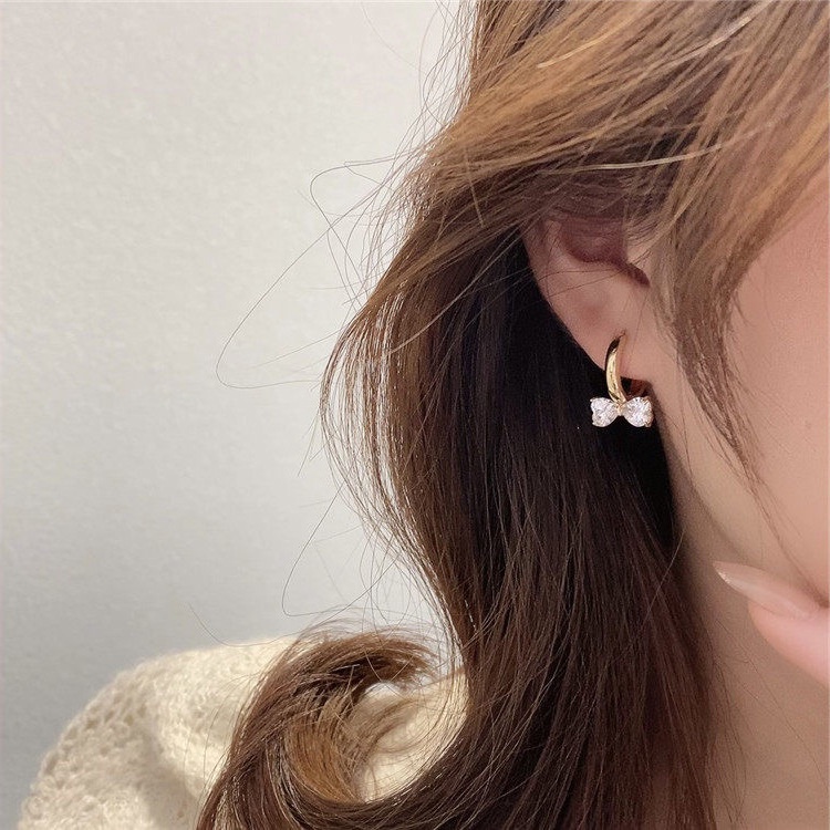 Khuyên Tai Kim Loại Hình Nơ Trái Tim Đính Đá Zircon Cao Cấp 2022 Cho Nữ