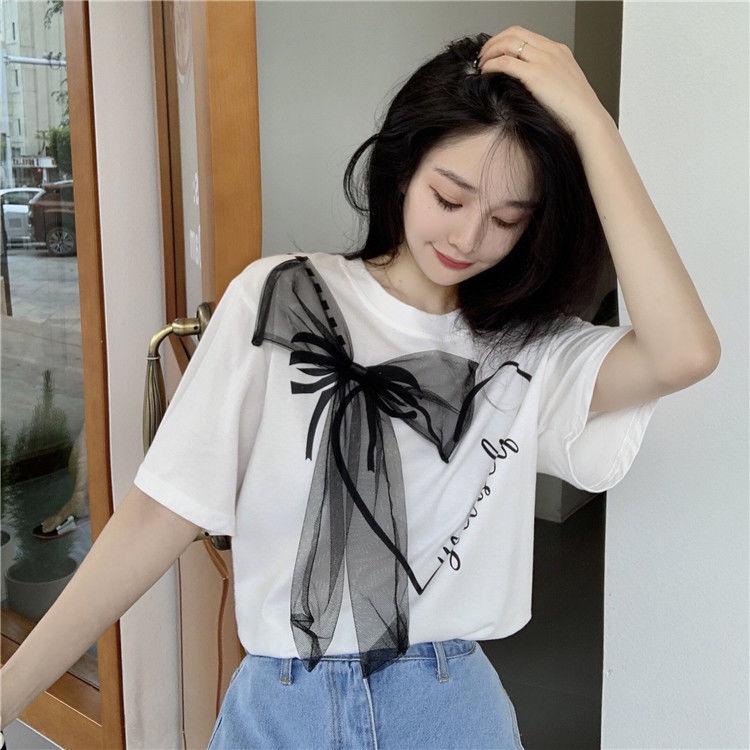 Students feel foreign style bow tie short-sleeved t-shirt girls summer wear personality care machine age-reducing half-sleeved shirt ins trend