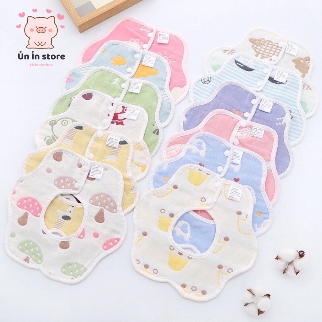 Yếm tròn 2 mặt xoay 360 độ cho bé sơ sinh có cúc bấm, chất liệu xô sợi tre 6 lớp dày dặn