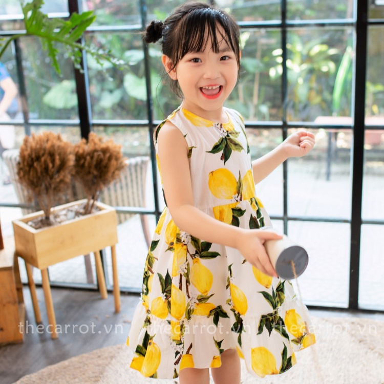 Váy bé gái CARROT, họa tiết quả chanh vàng 3 tầng, chất liệu Thô cotton thấm hút mồ hôi tốt