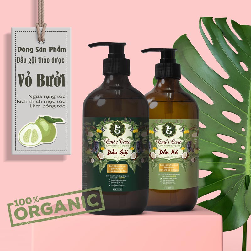 Combo Dầu gội bưởi ngăn rụng tóc ngăn gàu Emi Care (gội, xả) dòng organic thảo mộc phù hợp cho cả giữ màu cho tóc nhuộm