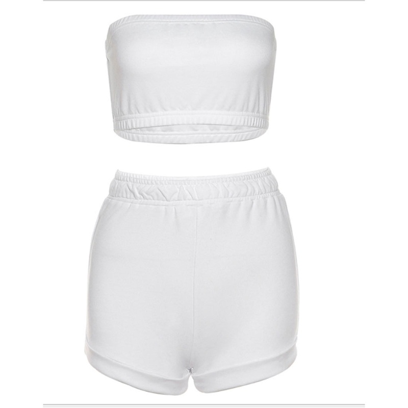 Set Đồ Thể Thao 2 Món Áo Ống Hở Vai Phối Quần Short Lưng Cao Màu Sắc Trơn Thời Trang Mùa Hè Cho Nữ
