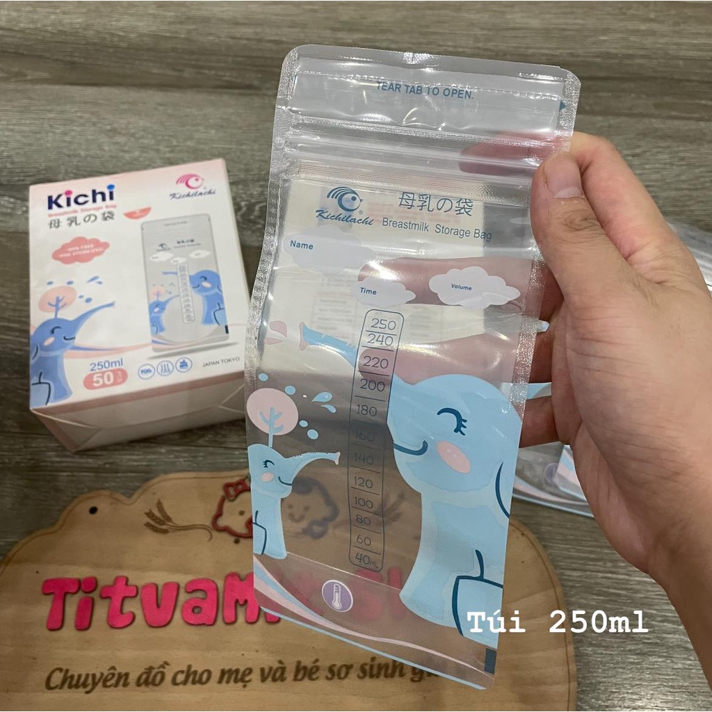 Hộp 50 túi trữ sữa Kichilachi 250ml con voi khử trùng an toàn cho bé