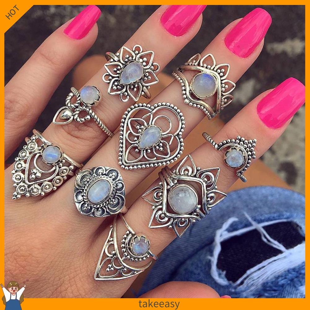Bộ 9 Nhẫn Đeo Đốt Ngón Tay Đính Đá Phong Cách Retro Cho Nữ