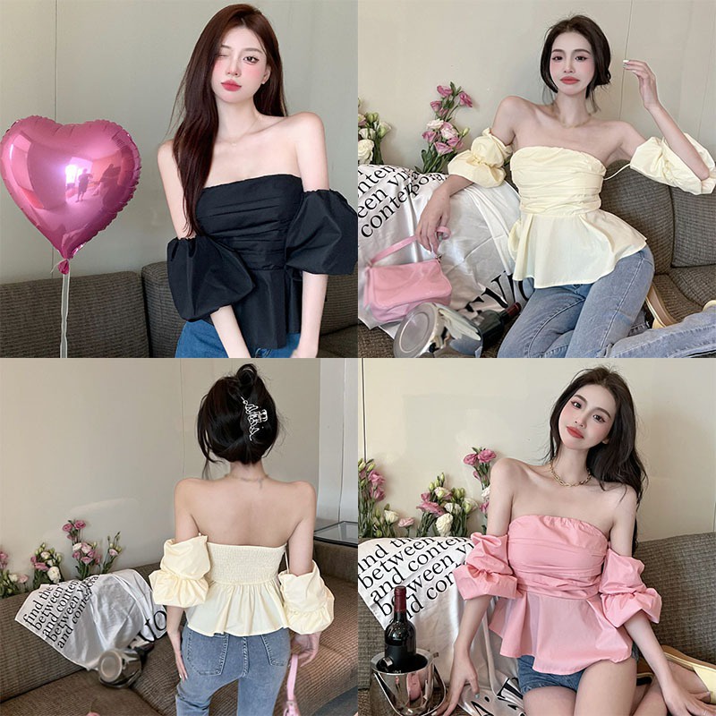 Áo Trễ Vai Tay Phồng Ngắn Dáng Ôm Màu Trơn Thời Trang Quyến Rũ Cho Nữ