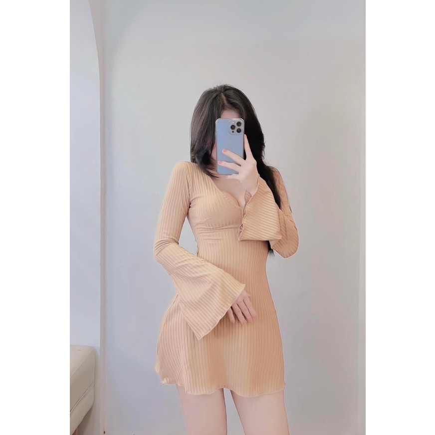 Đầm thun tay loe dài form ôm body dáng xòe chất vải gân len 4 chiều FreeSIze, Váy ngắn nữ cổ v Sexy (Bảo An Hot) | BigBuy360 - bigbuy360.vn