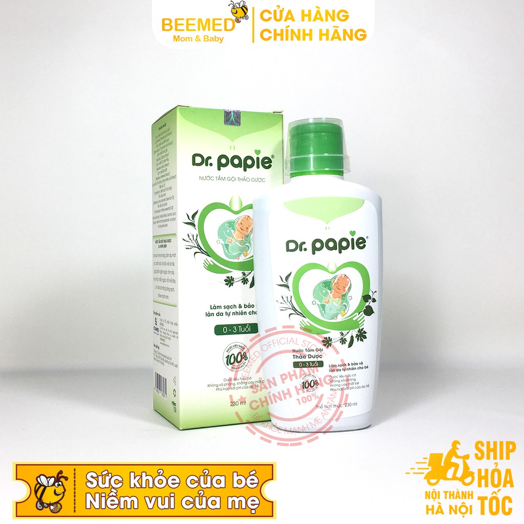 Sữa tắm Dr Papie Chai 230ml - Gội thảo dược cho bé từ sơ sinh từ lá trà, mướp đắng, trầu không, tràm, sả chanh