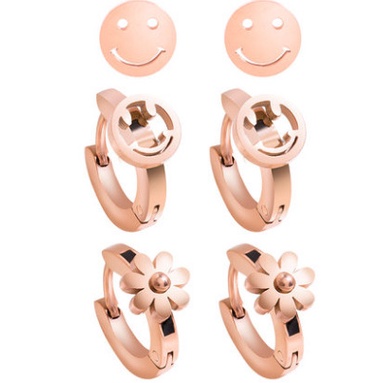 Bộ Ba Chiếc Bông Tai Mạ Vàng Hồng 18K Hình Cỏ Bốn Lá Mặt Cười Thời Trang