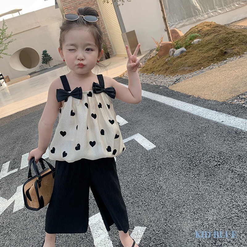 Bộ Áo Đính Nơ Đen + Quần Ống Rộng Thời Trang Mùa Hè Hàn Quốc Cho Bé Gái