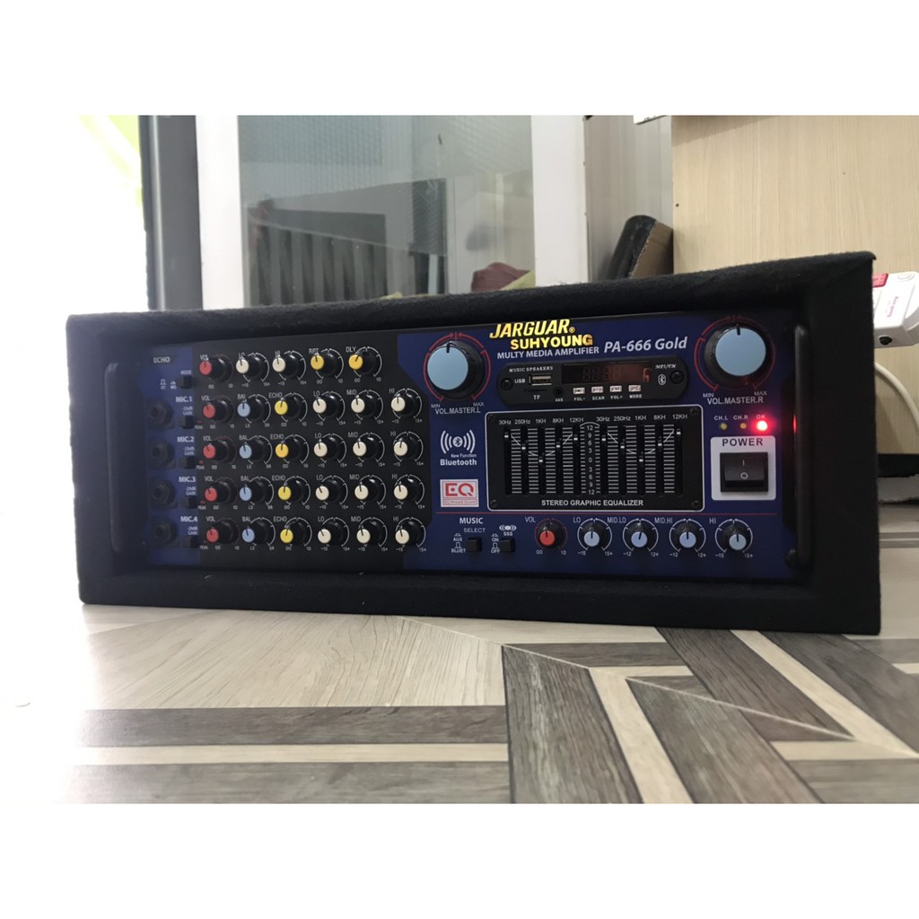 Amply Jarguas PA-666 Gold Bluetooth 16 sò Karaoke 2 quạt 4 lỗ Mic