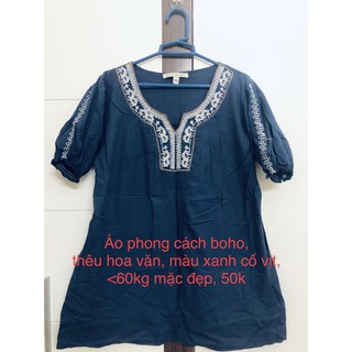 Áo boho cho nữ, thêu hoa văn, màu xanh cổ vịt, thích hợp cho người dưới 60Kg