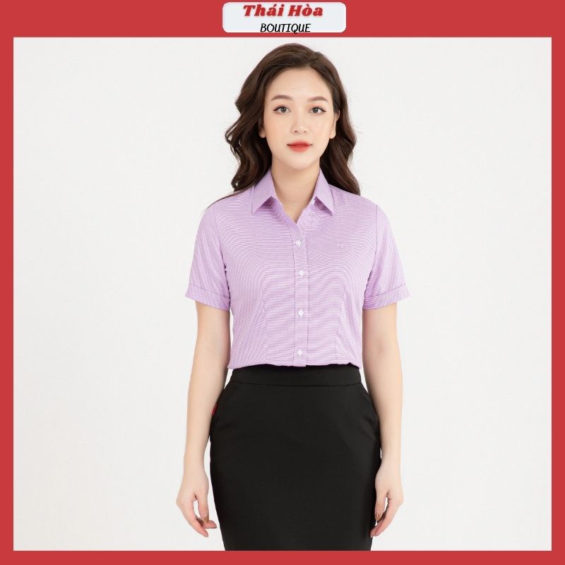 Áo sơ mi nữ kiểu ngắn tay màu tím công sở kẻ caro cotton Thái Hoà N65-05-01