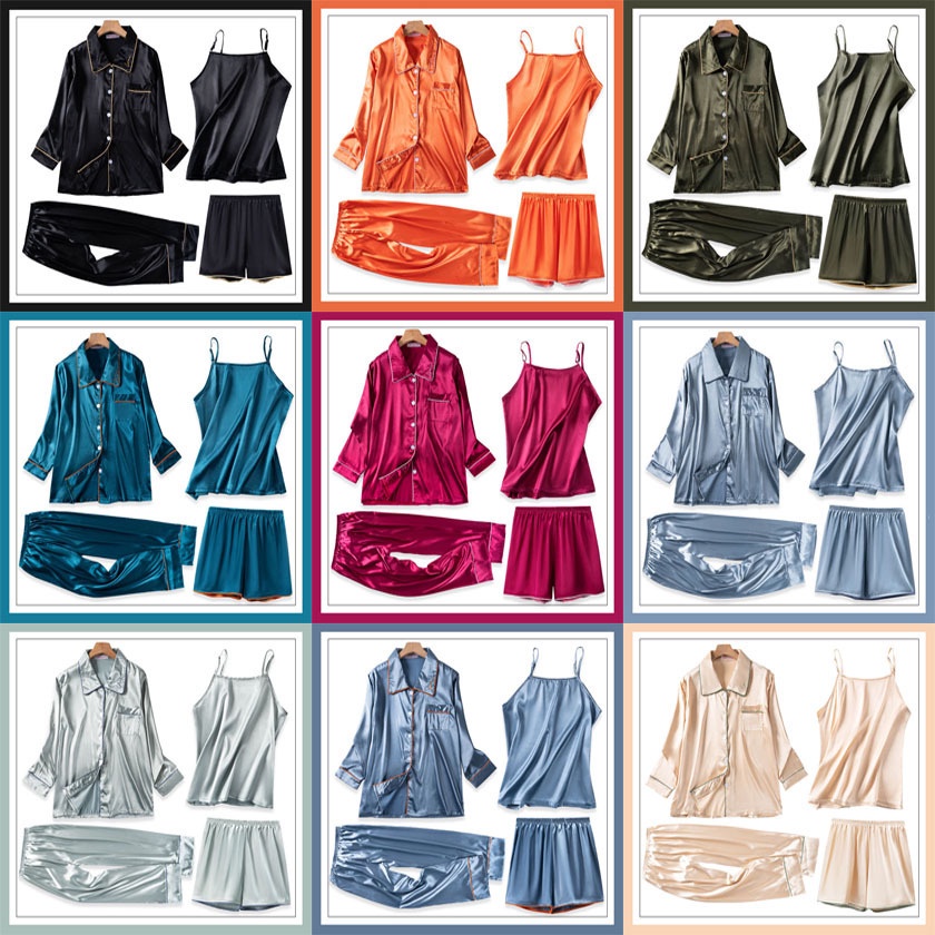 Bộ Đồ Ngủ 4 Món Vải Satin Màu Sắc Nhã Nhặn Dành Cho Nữ