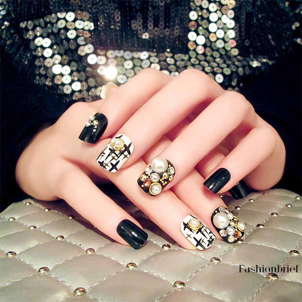 Set 24 móng tay giả đính đá và ngọc trai độc đáo thời trang cho nữ