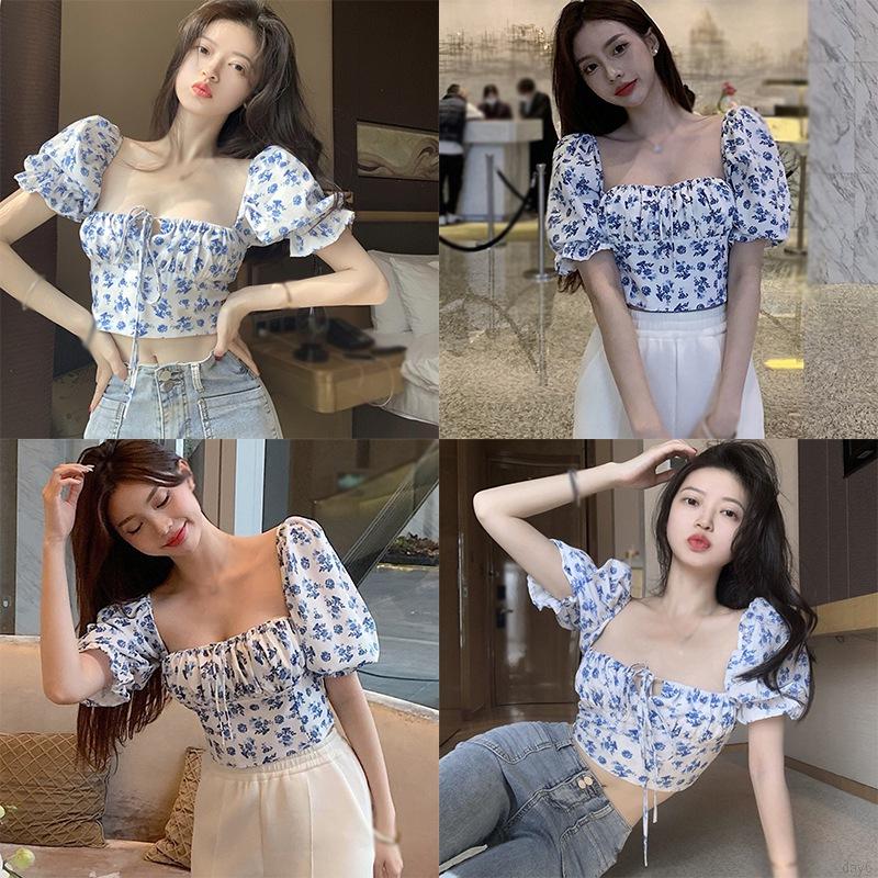 Áo Kiểu Nữ Tay Phồng Cổ Vuông Họa Tiết Hoa Thời Trang Hàn Quốc Day6