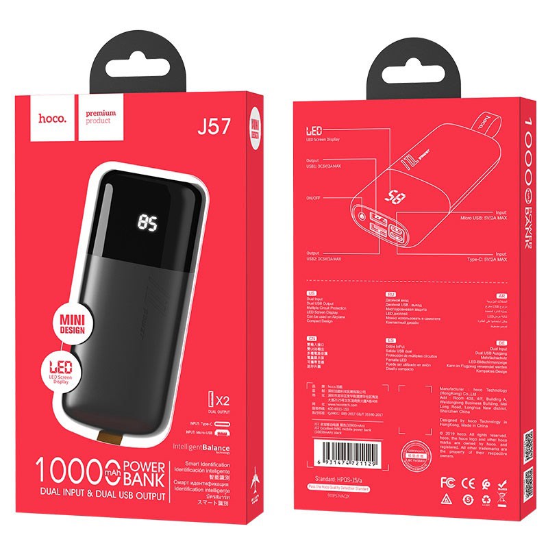 Pin sạc dự phòng 10000 mAh kép USB 2A có màn hình kỹ thuật số báo phần trăm pin Hoco j57