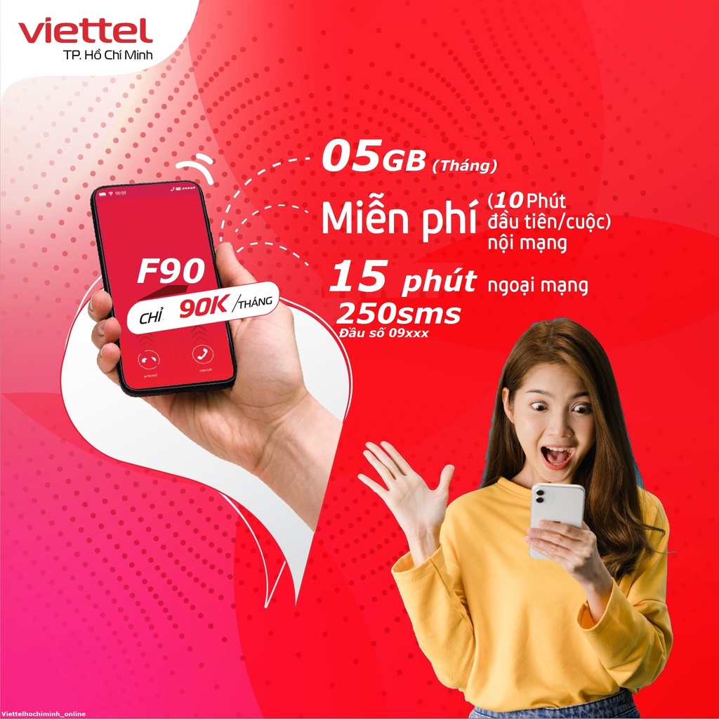 Sim 4G Viettel gói F90 miễn Phí gọi nội mạng dưới 10 phút đầu số 09xxx