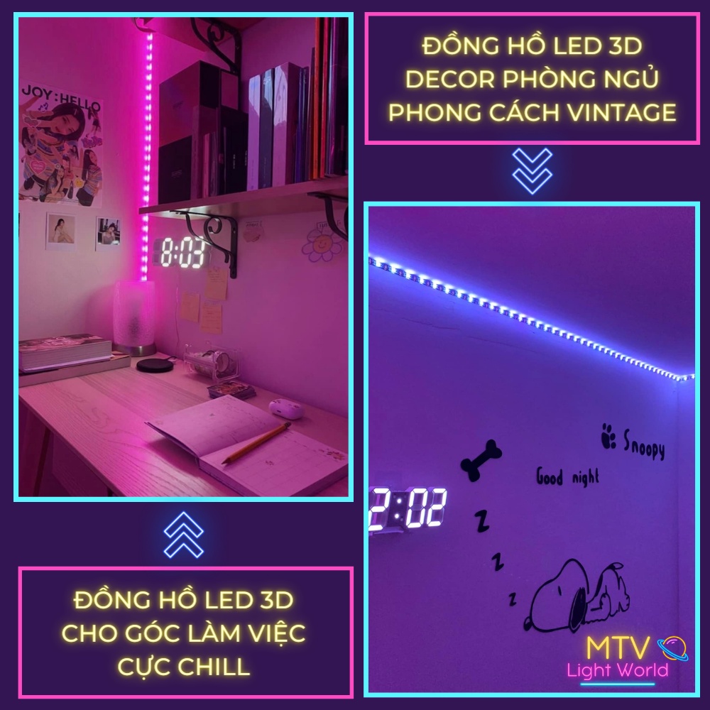 Đồng hồ LED 3D để bàn làm việc, treo tường trang trí phong cách Vintage, TN828 hiển thị nhiệt độ, báo thức - MTV Store