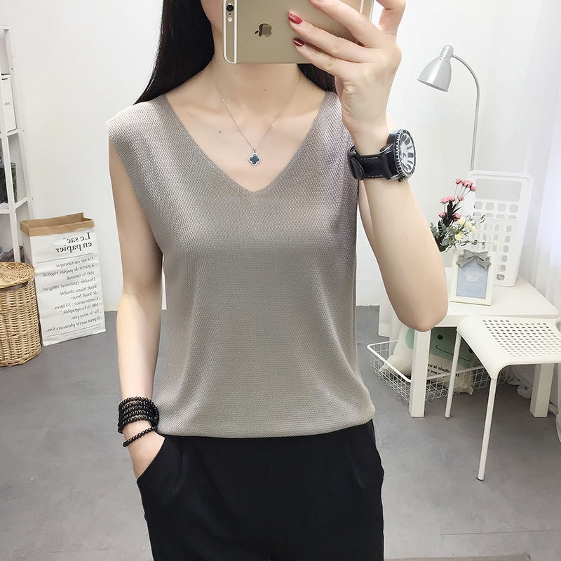 Áo kiểu dệt kim sát nách dáng rộng màu trơn thiết kế đơn giản thời trang xuân hè mới dành cho nữ