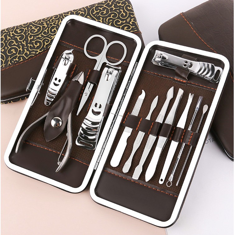 Bộ Chăm Sóc Móng Set 12 Món Chất Liệu Thép Không Gỉ Hộp Da Cao Cấp Full Box Tiện Lợi VECOM