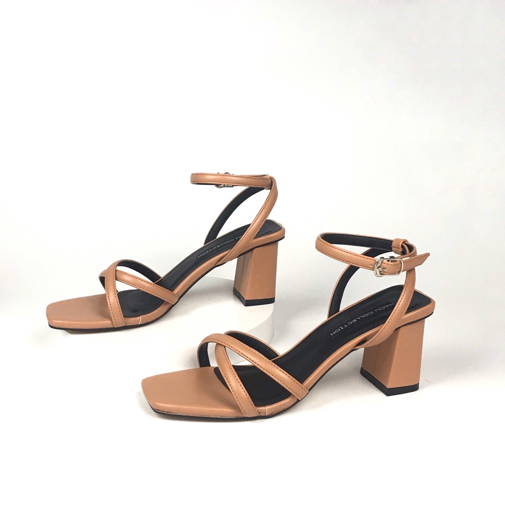 Giày sandal gót vuông 5p HADU G571 quai mảnh chữ X da PU cao cấp hàng vnxk
