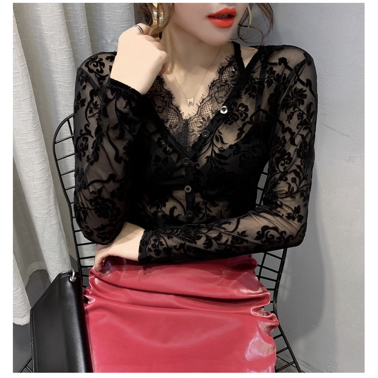 Áo lưới dài tay cổ chữ v phối ren thời trang mùa xuân cho nữ Áo ren dài tay