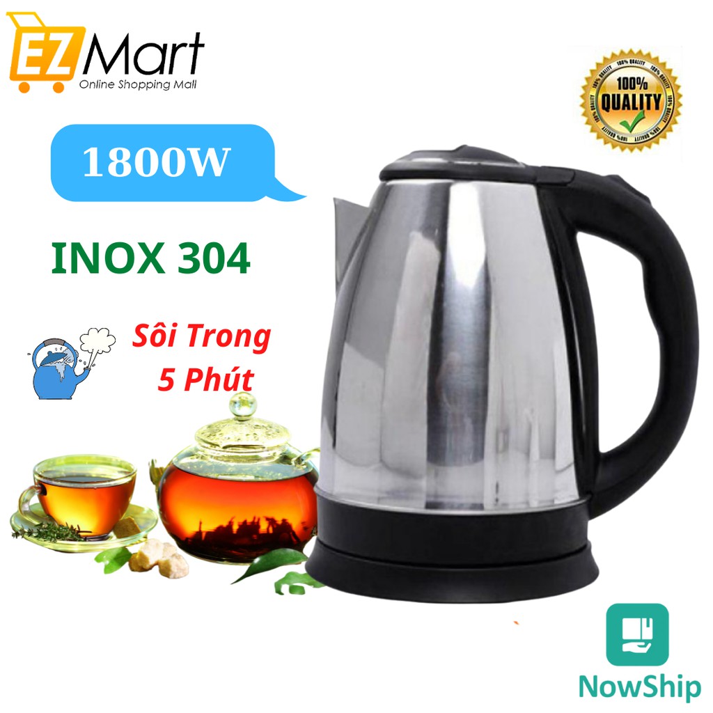 Ấm Siêu Tốc Inox Cao Cấp Dung Tích 1,8L, Công Suất 1500W 5 Phút Đun Sôi An Toàn Tiện Lợi