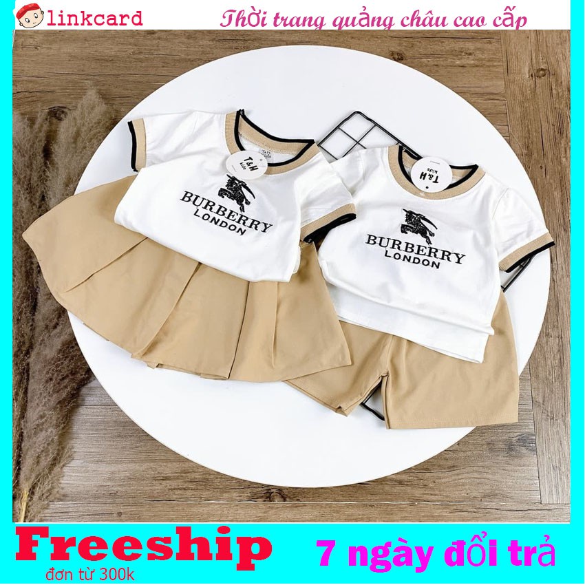 bộ quần áo cộc tay bé trai bé gái (6 - 32kg), set cặp anh em thêu chữ burberry chất cotton đẹp mềm mịn thoáng mát
