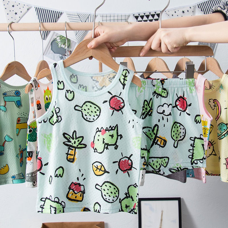 Bộ Đồ Mặc Ở Nhà Áo Sát Nách Phối Quần Short Vải Cotton Mỏng Thời Trang Mùa Hè Cho Bé