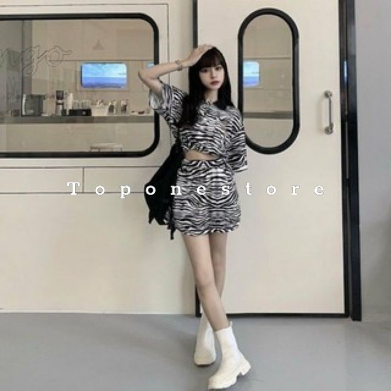 [QUÀ TẶNG LÀ KHẨU TRANG BẠN NHÉ] Áo croptop kèm chân váy loang ngựa vằn / Set bộ thời trang nữ trẻ trung năng động