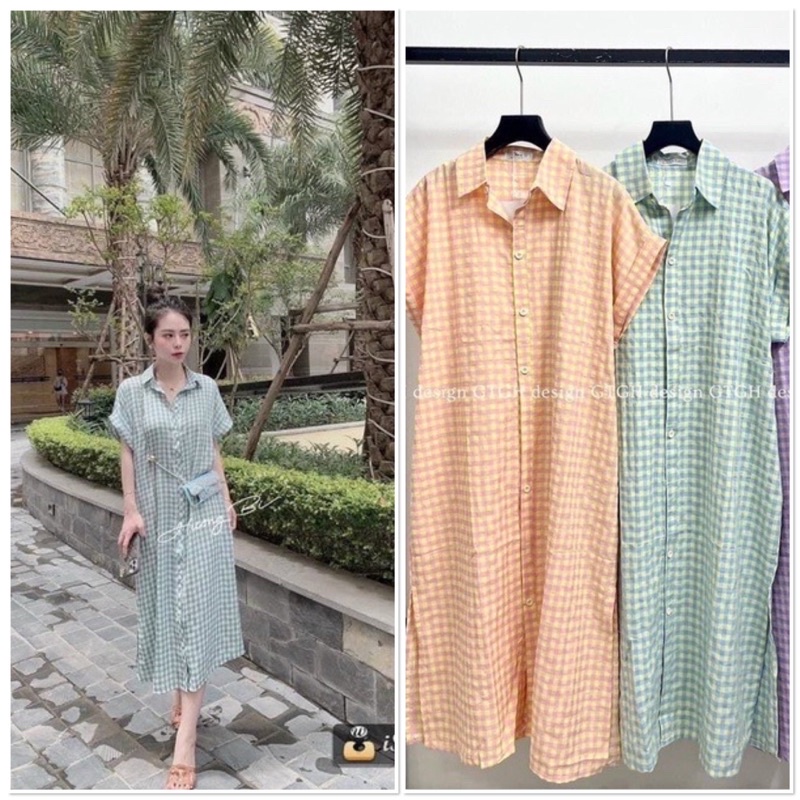 Đầm Váy Bầu SƠ MI thiết kế dáng suông, hoạ tiết Caro xinh xắn, có Cúc Thật tiện lợi con ti sau sinh