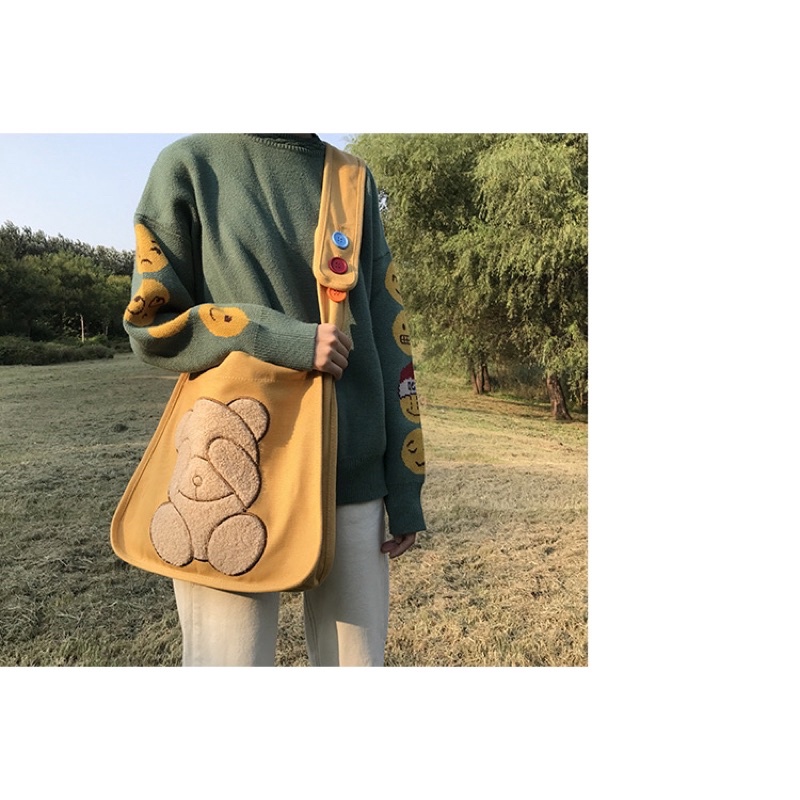 Túi vải tote đeo chéo vai con gấu siêu cute cỡ lớn Trang Xuka order 2 tuần