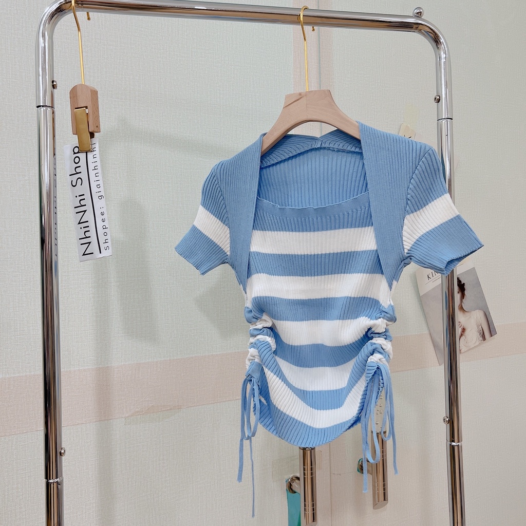 Áo len kẻ ngang cổ vuông rút dây 2 bên, Áo kiểu len tăm dáng ôm AL1352 - NhiNhi Shop