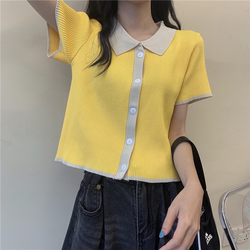 【ZHELIHANGFEI】 / Áo Thun polo Dệt Kim Tay Ngắn Màu Tương Phản Phong Cách Hàn Quốc Dễ Phối Đồ Thời Trang Mùa Hè Dành Cho Bạn Nữ
