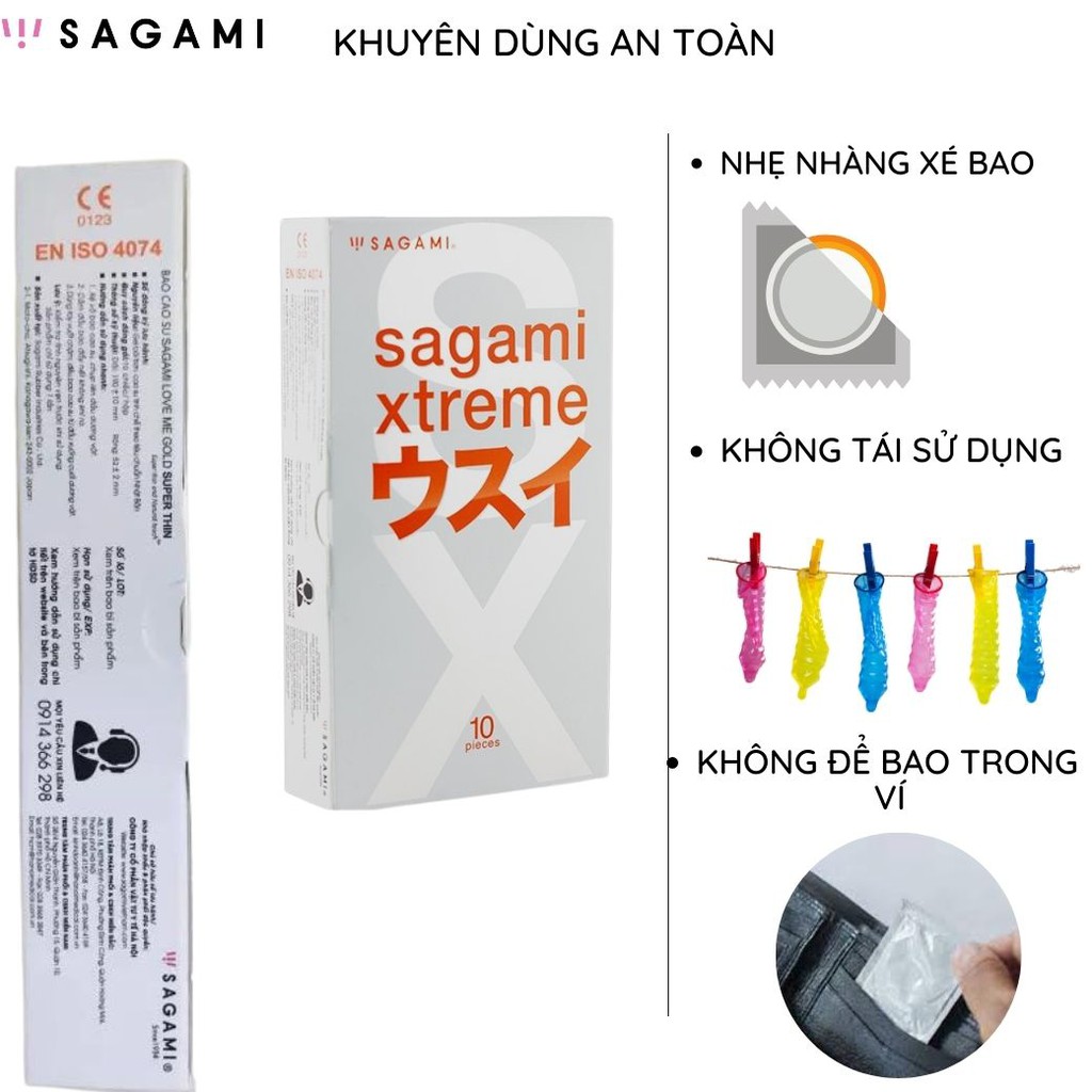 Bao cao su Sagami Xtreme 10 bao/hộp Superthin mỏng trơn chống tuột kéo dài thời gian