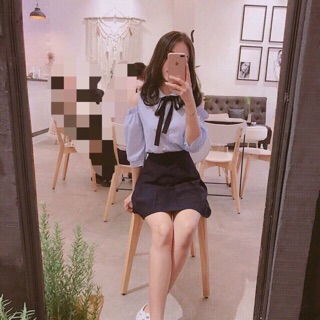Áo sơ mi kate lụa phối nơ