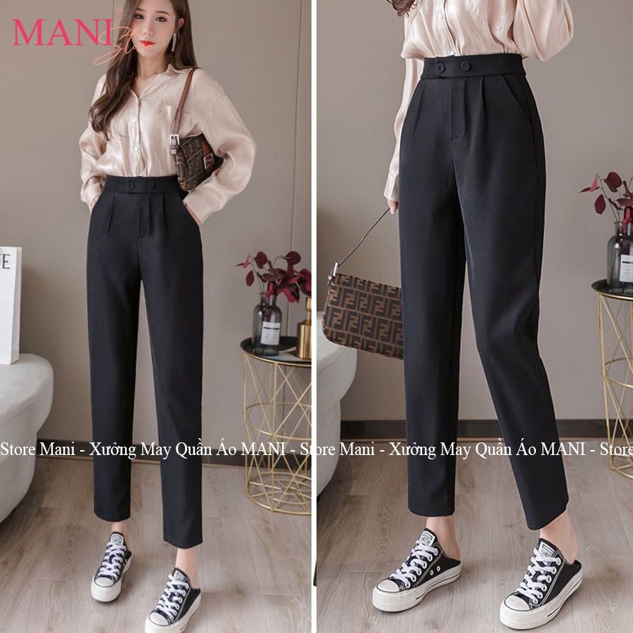 Quần tây baggy nữ lưng cao màu đen dáng dài phối 2 khuy bấm - Quần vải nữ đáy cao học sinh cấp 2 3 phối sơ mi đi học làm
