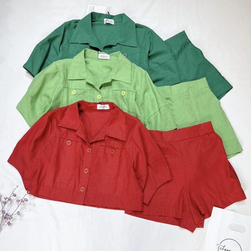 LOVI SHOP- Set bộ áo cổ vest set sơ mi croptop linen 5 màu