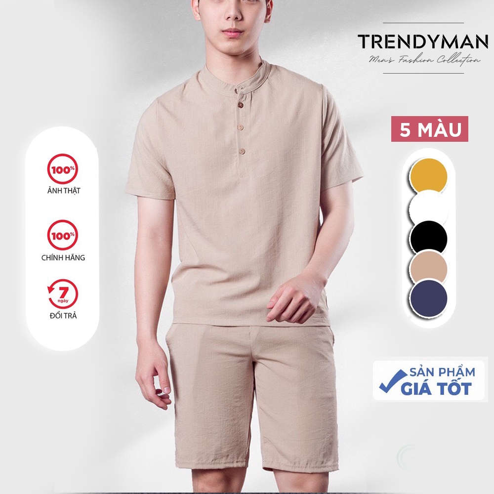 Bộ đũi nam cổ tàu Trendyman Quần đùi cộc và áo cộc tay vải linen thái xuất xịn mặc nhà đồ bộ mặc đi chơi