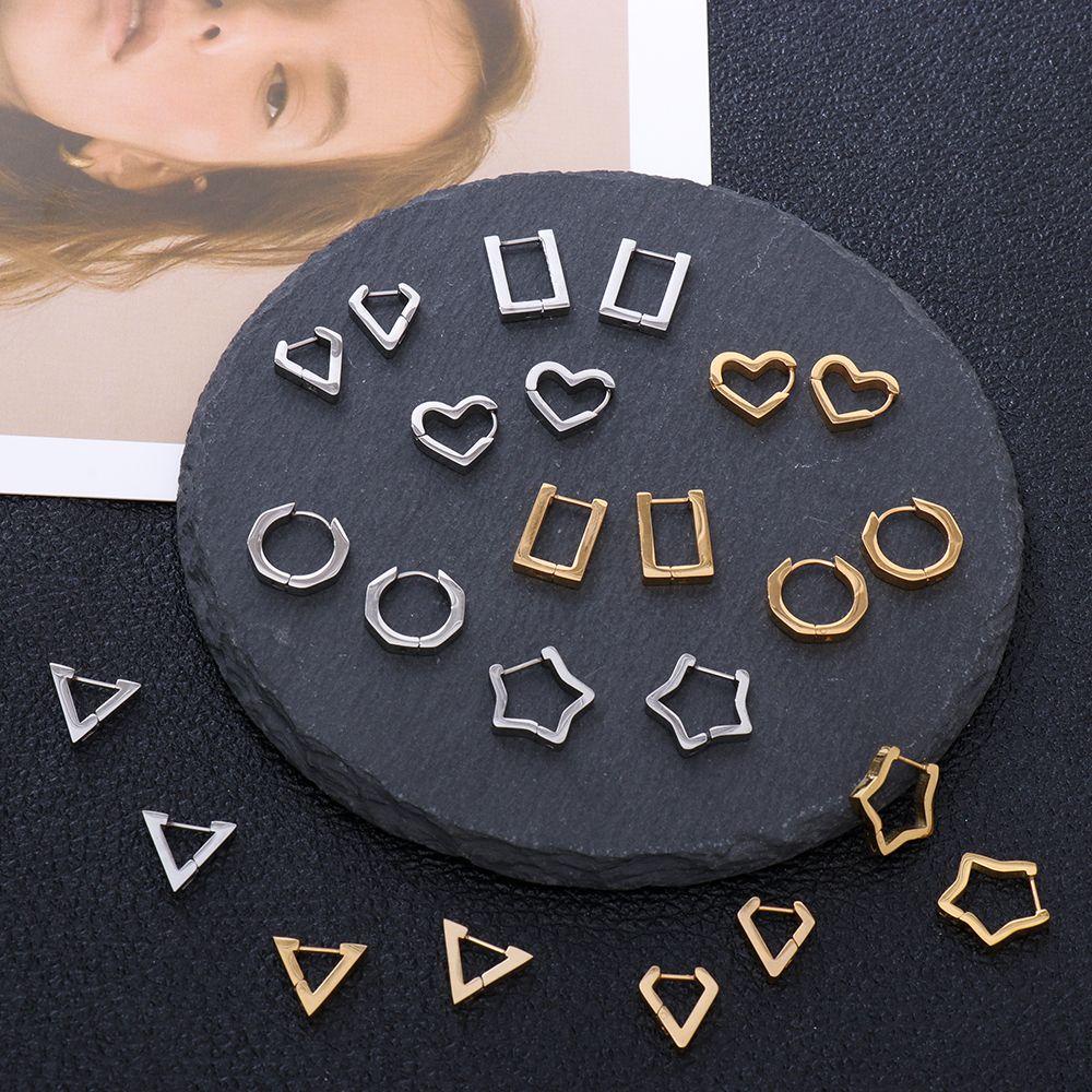 Khuyên Tai Tròn Hình Ngôi Sao / Trái Tim Đơn Giản Bằng Thép Không Gỉ