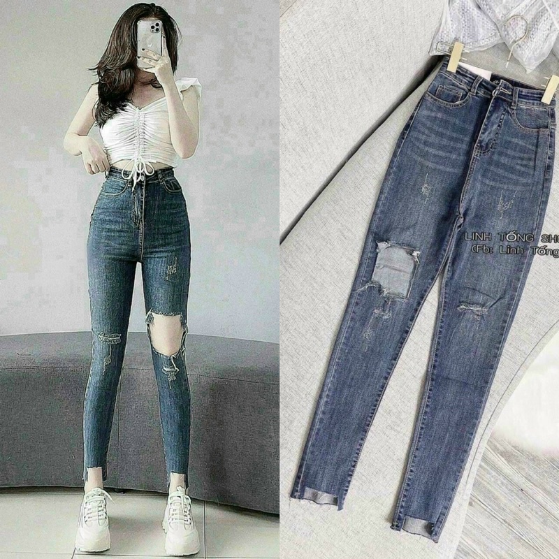 QUẦN JEAN DÀI RÁCH GỐI 1 BÊN SIÊU CAO