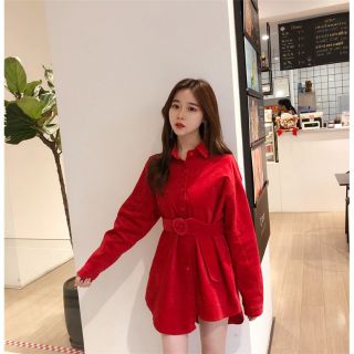 Đầm sơ mi nhung kèm belt
