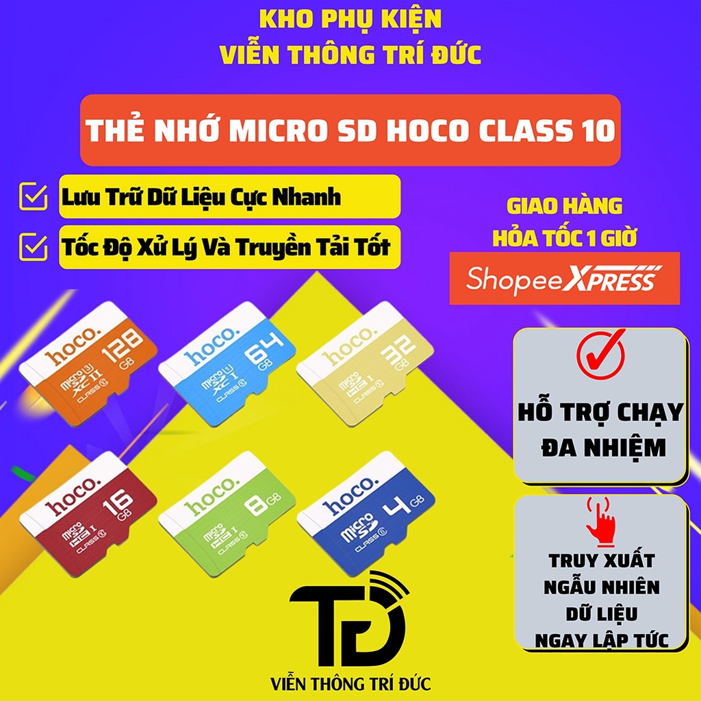 Thẻ Nhớ Micro SD Hoco Class 10 - Tốc Độ 90MB /Giây - 4Gb/8Gb/16Gb/32Gb/64Gb/128Gb Phù hợp Gắn Camera, điện thoại...