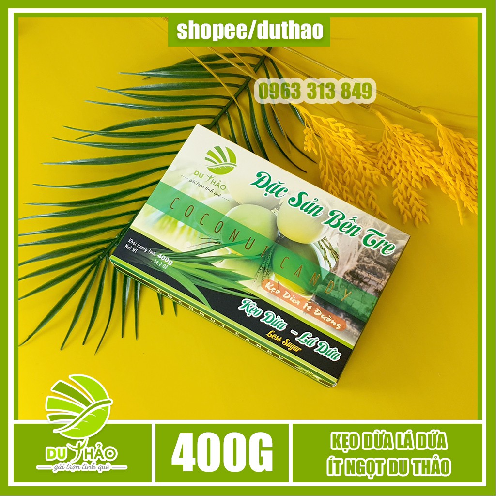 Kẹo dừa lá dứa Bến Tre ít ngọt Du Thảo 400g