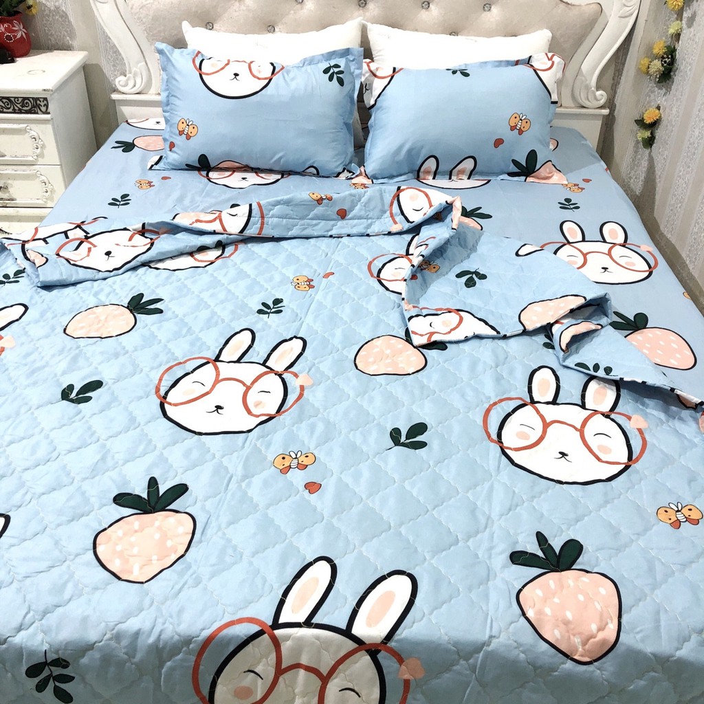 Chăn hè ga giường kèm vỏ gối và vỏ gối ôm poly cotton kích thước m2 m6 m8 2m2 mẫu thỏ xanh đeo kính