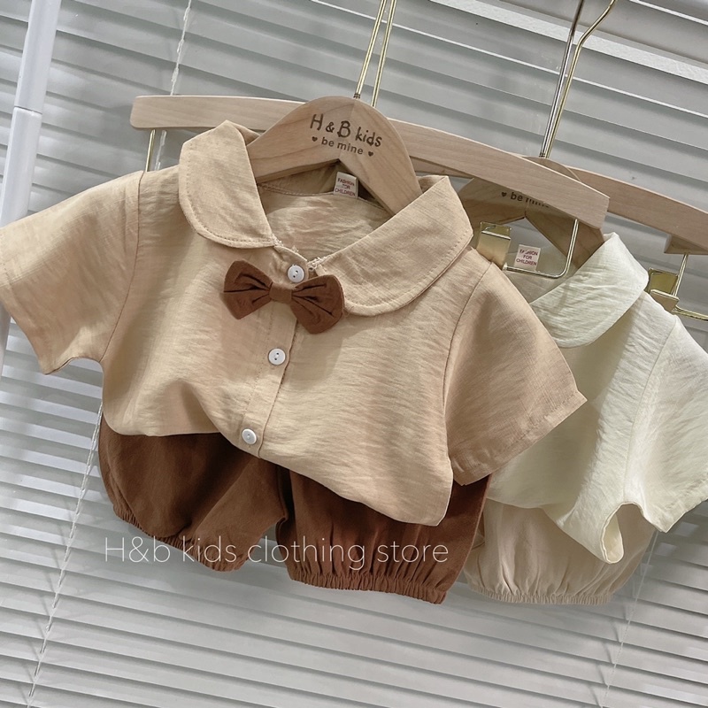 Set sơ mi tay ngắn bé trai đính nơ
